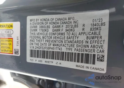 2023 Honda Civic Sport from USA, damaged, VIN 2HGFE2F58PH517743